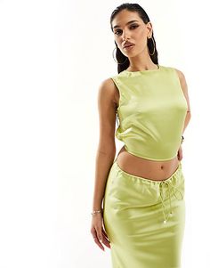 Miss Selfridge satin bias maxi skirt in gold - part of a set | ASOS Green Satin Summer Set, Green Satin Sets For Summer, Green Satin Set For Summer, Tie Back Top, Winter Party Dress, Leggings Sale, Brunch Outfit, Long Sleeve Floral Dress, Satin Slip Dress