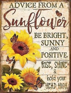 a sunflower sign on a brick wall with the words advice from a sunflower be bright and positive rise shine hold your head high