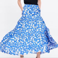 Brand New With Tags. Zara’s Blue With White Flower Maxi Skirt. Twirl In The Skirt As It Flows All Around Chic Blue Maxi Skirt With Floral Print, Zara Tiered Skirt For Vacation, Blue Tiered Summer Skirt, Blue Tiered Maxi Skirt For Day Out, Blue Spring Maxi Skirt, Blue Maxi Skirt For Spring And Summer, Blue Midi Skirt For Vacation, Blue Flared Maxi Skirt For Vacation, Blue Tiered Skirt For Day Out