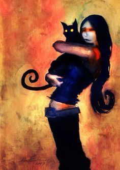 a painting of a woman holding a black cat