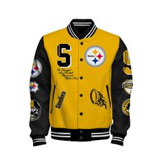 Pittsburgh Steelers National Football League Pattern Varsity Jacket V13 VARSITY JACKET The varsity jacket is perfect for the ones who are looking for a statement outwear option to make a cool casual outfit. It is not only trendy but also a practical item to wear during the colder season. It is perfect for casual wear,... Sport Events, Knitted Collar, Women Camping, Back To School Shopping, National Football League, Baseball Jacket, Football League, Pittsburgh Steelers, Green Jacket