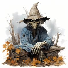 a painting of a skeleton sitting on top of a tree stump with a hat on