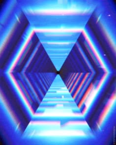 an abstract photo with blue and red lights in the center, looking like hexagonal shapes