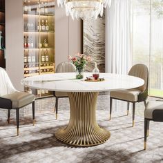 a dining room table with chairs around it