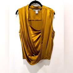 Diane Von Furstenburg 2 Piece Silk Top Perfect Condition- Never Worn 100% Silk Rich Chartreuse -Gold Color Elegant Drape Front Sleeveless Blouse Top, And Separate Spaghetti Strap Shell/Camisole Elastic Ruched Band At Back Center Spring Gold Silk Top, Gold Silk Top For Spring, Gold Silk Tops For Spring, Elegant Yellow Blouse For Evening, Elegant Yellow Evening Blouse, Gold Silk Blouse For Spring, Elegant Yellow Formal Tops, Elegant Sleeveless Yellow Blouse, Elegant Yellow Sleeveless Blouse