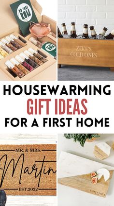 the words housewarming gift ideas for a first home are shown in four different pictures