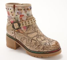 An intricate printed floral design is joined by a decorative strap with studded details to create these stunning boots. Pair them with any look that could use an eye-catching touch. From Spring Step. L'artiste By Spring Step, Leather Ankle Boots, Fashion Shoes, To Create, Shoe Boots, Ankle Boots, Floral Design, Boots, Floral