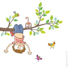 a man hanging upside down on a tree branch with monkeys and birds flying around him