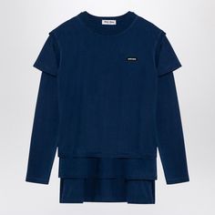 Set Consisting Of Three Crew-Neck T-Shirts In Blue Cotton Jersey By Miu Miu, One Sleeveless, One Short-Sleeved And One Long-Sleeved With Contrasting Logo Patch On The Chest. To Be Worn Together Or Individually. Model Wears Size S Model Measurements: Height: 180 Cm Chest: 85 Cm Waist: 60 Cm Hips: 93 Cm Size Type: Int Material: Cotton Sku: 2f-Mje15ooo15aw/P_miu-F0008_323 Welcome To The Official Luosophy Poshmark Closet! Luosophy Is A Luxury Brand Reselling Company Founded In San Diego, Ca From 201 Casual Miu Miu Short Sleeve Tops, Miu Miu Long Sleeve Cotton Tops, Blue Cotton T-shirt For Layering, Casual Miu Miu Tops For Spring, Navy Crew Neck Top For Spring, Navy Long Sleeve Tops For Layering, Blue T-shirt For Spring Layering, Blue Tops For Layering, Miu Miu Set