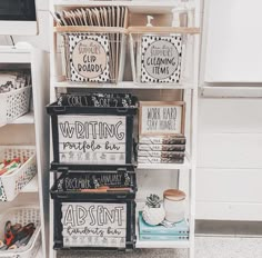 the shelves are filled with many different types of baskets and paper napkins on them