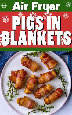 Air fryer pigs in blankets with a text overlay title. Roast Pork Dinner, Pigs In Blanket, Pork Sausages, Bacon Wrapped Pork, Uk Recipes, Mini Pigs