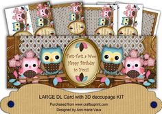 an owl themed birthday party kit with pink and blue owls in the center, on top of a table