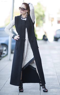 Sleeveless Long Wool Vest IRENE Long Sleeveless Vest, Black Duster, Refined Fashion, Long Vests, Wool Vest, Sleeveless Vest, Winter Style, Wool Jacket, Black Wool