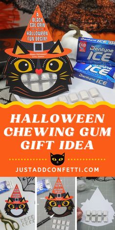 halloween cheesy gum gift idea with an orange background and black cat paper hat