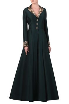 Buy Samant Chauhan Green Embroidered Collared Gown Online | Aza Fashions Samant Chauhan, Velvet Dress Designs, Simple Gowns, Anita Dongre, Gown For Women, Kurta Neck Design, Gown Pattern, Indian Gowns Dresses, Dress Design Patterns