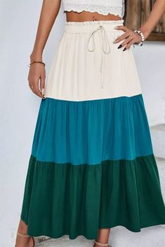 Summer Casual Fashion Stitching Skirt Casual Tiered Patchwork Skirt, Casual Tiered Skirt With Patchwork, Cotton Midi Skirt With Patchwork, Patchwork Cotton Midi Skirt, Spring Green Patchwork Maxi Skirt, Relaxed Tiered Patchwork Skirt, Flowy Midi Skirt With Patchwork, Color Block Skirt For Summer, Green Patchwork Mini Skirt