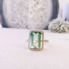 green tourmaline ring in 14k yellow gold with diamonds Green Tourmaline Engagement Ring, Green Tourmaline Ring, Yellow Gold Setting, Tourmaline Ring, Fresh Green, Green Tourmaline, Micro Pave, Bridal Rings, Stone Settings