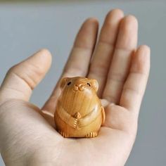 a hand holding a small wooden animal in it's palm