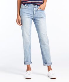 Stylishly slouchy and always comfy, these boyfriend jeans are the kind you cuff up before you head out. Not too baggy, not too tight - they fit just right. Inseam: 30". Modern Fit: Sits lowest on the waist. Slightly fitted through hip and thigh. Straight-leg. White: 79% cotton 19% rayon 2% elastane. Indigo: 98% cotton 2% Lycra elastane. Machine wash and dry. Washed, handsanded and slightly distressed for lived-in appeal. Classic five-pocket style. Signature back pockets, logo and hardware. Impor Casual Straight Leg Jeans With Rolled Hem, Casual Jeans With Rolled Hem And Cuffed Ankles, Casual Relaxed Fit Jeans With Cuffed Ankles, Casual Denim Jeans With Cuffed Ankles, Relaxed Fit Soft-washed Cotton Jeans, Non-stretch Denim Blue Jeans With Frayed Hem, Cotton Relaxed Fit Pull-on Jeans, Non-stretch Washed Blue Cotton Jeans, Boyfriend Jeans Outfit