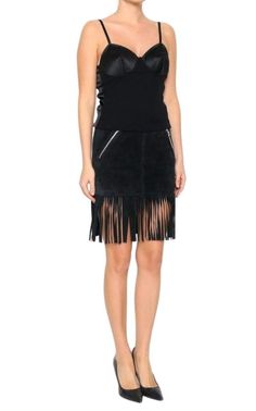 Barbara Bui Black Suede Fringe Mini Skirt. Self: 100% lambskin leather. Lining: 100% acetate. Side zip pockets. Back zip closure. Fringe detail along hem.Made in Turkey. Leather Skirt With Side Zipper For Night Out, Leather Fringe Skirt, Chevron Outfit, Fringe Mini Skirt, Barbara Bui, Luxury Women Fashion, Fringe Skirt, Suede Fringe, Skirts Online