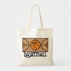 a tote bag with a basketball and stars on the front that says basketball in black