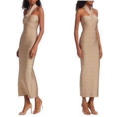 Featuring Herve Leger's Iconic Bandage-Style Design, This Cocktail Dress Has A Woven Bust Topped With A Crisscross Halter Neckline. It Has A Subtle Metallic Patina To Add A Hint Of Evening Elegance To This Piece. Halterneck Sleeveless Concealed Back Zip Back Vent Rayon/Nylon/Spandex Dry Clean Imported Size & Fit Bodycon Silhouette About 58" From Shoulder To Hem Model Shown Is 5'10" (177cm) Wearing Us Size Small Herve Leger Dress Bandage, Chic Travel Outfit, Cross Dress, Herve Leger Dress, Bandage Dress Bodycon, Herve Leger, Dresses Backless, Halter Neckline, Bandage Dress