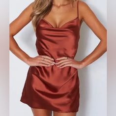 New With Tags! - Needs To Be Ironed/Steamed - Never Worn!! - Rust Color - Cowl Neckline Tight Satin Dress, Year 10 Formal Dresses, Red Hoco Dress, Red Hoco, Hoco Dresses Red, Formal Dresses Australia, Short Satin Dress, Dresses Australia, Beautiful Maxi Dresses