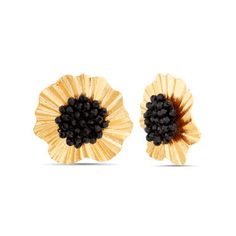 BMEX674200GD-BK | Black Beaded Center Flower Stud Earring The exquisite Black Beaded Center Flower Stud Earring piece features a delicate gold flower design, its petals beautifully crafted to catch the light. A smaller black beaded center adds a touch of understated drama, making this earring perfect for both everyday wear and special occasions. Specifications Statement stud earring Black and gold Alloy, glass bead 2" length, 2" width Post closure Hypoallergenic Imported | Badgley Mischka Black Beaded Center Flower Stud Earring Gold Flower Design, Diamond Fashion Jewelry, Flat Booties, Gold Alloys, Wedding Sale, Flower Stud, Gold Flower, Flower Earrings Studs, Accessories Jewelry Earrings