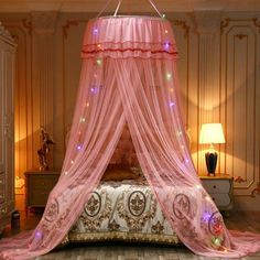 a pink canopy bed with lights on it