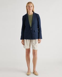 Who doesn't want to throw on the effortless look of linen to top off their outfit? The single-breasted European Linen Blazer is here to do just that. Relaxed fit, functional pockets, breathable, and lightweight. We love her for work, vacation, and weekends—versatile is an understatement.  | Quince | Women's 100% European Linen Blazer in Deep Navy, Size XL Casual Summer Blazer For Everyday, Fitted Linen Casual Blazer, Casual Fitted Linen Blazer, Summer Cotton Blazer With Relaxed Fit, Summer Blazer With Pockets In Relaxed Fit, Relaxed Fit Cotton Summer Blazer, Casual Summer Blazer In Relaxed Fit, Relaxed Fit Cotton Blazer For Summer, Casual Summer Blazer With Relaxed Fit