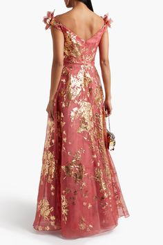 Coral Off-the-shoulder floral-appliquéd printed organza gown | MARCHESA NOTTE | THE OUTNET Organza Gown, Black Tie Events, Printed Organza, Organza Gowns, Minimalist Accessories, Beach Wear Outfits, Ink Clothes, Designer Gowns, Marchesa