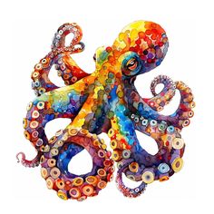 an octopus made out of colorful buttons on a white background is featured in this image