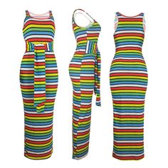 Colorful Stripes Strappy Tank Ankle-length Maxi Dress Multicolor Sleeveless Midi Dress With Colorful Pattern, Sleeveless Multicolor Patterned Midi Dress, Summer Multicolor Maxi Dress With Colorful Pattern, Multicolor Summer Midi Dress With Colorful Pattern, Multicolor Patterned Maxi Dress For Summer, Multicolor Maxi Dress With Colorful Pattern For Spring, Fitted Multicolor Print Maxi Dress, Casual Fitted Multicolor Print Maxi Dress, Casual Multicolor Print Fitted Maxi Dress