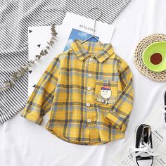 Cartoon Design Plaid Shirt for Children Boy - PrettyKid Cute Collared Fall Shirt, Cute Collared Shirt For Fall, Cute Long Sleeve Spring Shirt, Yellow Shirt With Button Closure For Fall, Yellow Long Sleeve Cotton Top, Yellow Cotton Shirt With Buttons, Yellow Cotton Long Sleeve Tops, Cute Cotton Shirt For Fall, Cute Long Sleeve Tops With Button Closure