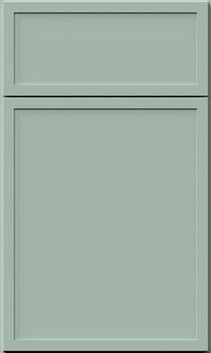 a close up view of the front and side of a gray cabinet with two doors