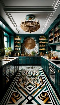 a kitchen with green cabinets and gold accents on the ceiling, along with an intricate patterned floor