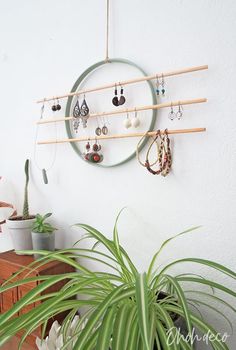 there is a plant and some earrings hanging on the wall next to a potted plant