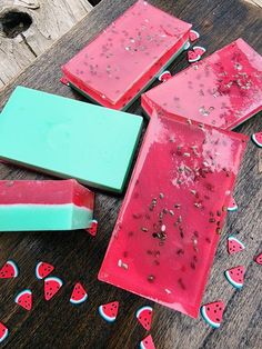 These gorgeous bar soaps are as refreshing as they look! They are colored and scented to resemble a juicy watermelon! They are sprinkled with chia seeds for that perfect watermelon finish 🍉 Choose from a multitude of different shape options, including a sample size if you are unsure of preference.  These make great gifts and could also make great party favors! Watermelon Soap, Perfect Watermelon, Summer Soap, Watermelon Gift, Soap Gifts, Juicy Watermelon, Mini Soaps, Gift For Her Birthday, Soap Gift