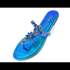 Gorgeous Pair Of Fun & Fashionable Sandals Blue Embellished Sandals For Spring, Spring Embellished Blue Sandals, Spring Blue Embellished Sandals, Blue Rhinestone Round Toe Sandals, Blue Summer Party Flip Flops, Jeffrey Campbell Sandals, Leopard Print Sandals, Rope Sandals, Keen Sandals