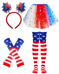 PRICES MAY VARY. 💗[Independence Day Red, Blue and White Suit]:Includes a star sequin headband, a red, blue and white Tutu, striped cuffs and striped knee-high socks. Playful and lovely, various accessories! Ideal for people who like cosplay. 💙[Quality Material]:Independence Day patriotic headband using high quality fabric, stars sequin cute playful, humorous fun; The hemline is made of tulle and fabric. The kit is reliable and safe, won't scratch or irritate the skin, won't fade and damage eas Fitted Costume Accessories For Christmas Costume Party, Red Costume Accessories For Costume Party, Themed Costume Accessories For Christmas Cosplay, Themed Christmas Costume Accessories For Cosplay, Multicolor Carnival Cosplay Costumes, Multicolor Rave Costume Accessories For Costume Party, Themed Christmas Cosplay Costume Accessories, Multicolor Rave Costume Accessories, Red Costume Accessories For Carnival