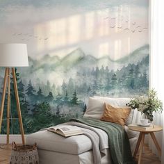 Watercolor Forest Mural Peel and Stick Wallpaper - Serene Green Mountain Landscape Living Room Murals, Forest Mural, Watercolor Forest, Mountain Wallpaper, Watercolor Wallpaper, Watercolor Trees, Green Mountain, Wallpaper Living Room, Pine Trees