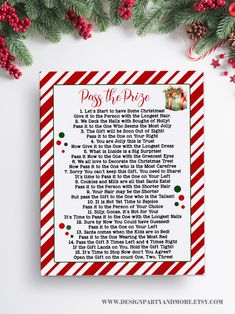 a christmas poem with candy canes and pine cones on the table next to it