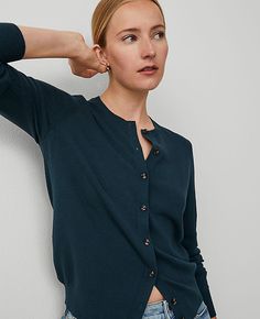 Meet your instant wardrobe icon, the Ann Cardigan. Tailored in a soft knit, our signature favorite comes in an array of rich colors and patterns. Ribbed round neck, cuffs and hem. Button front. Long sleeves.,Bullet1:23" long,Imported:Imported,Fit:Softly fitted,Length:23” long,Fabrication:53% Viscose, 47% Nylon,Garment Care:Machine Washable Ann Cardigan by Ann Taylor Size regular - Small Deep Slate Green Women's Crew, Neck, Long, Sleeve, Cardigan, Sweaters, 53%, Viscose, 47%, Nylon, Machine, Wash Slate Green, Cardigan Sweaters, Sleeve Cardigan, Rich Colors, Long Sleeve Cardigan, Soft Knits, Rich Color, Ann Taylor, Round Neck