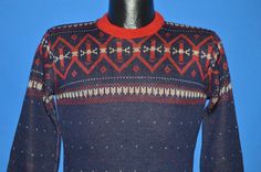 40s Bond Blue Red Snowflake Sweater Small Red Nordic Sweater With Crew Neck, Red Nordic Crew Neck Sweater, Red Nordic Style Knitted Sweater, Red Nordic Knitted Sweater, 60s Boys, Ring Around The Collar, Design Knit, Red Snowflake, Wool Sweater Men