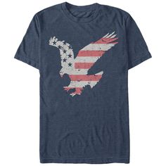 USA! USA! USA! Show your patriotic pride with the Lost Gods Flying Eagle American Stripe Heather Navy Blue T-Shirt. A distressed white print on the front of this patriotic blue eagle shirt features the stars and stripes of the American flag covering the wings of a bald eagle soaring proudly. Size: 3xl. Gender: male. Age Group: adult. Pattern: Bird. Material: Cotton. Cricut Inspiration, American Flag Eagle, Flying Eagle, Eagle American, Navy Blue T Shirt, Eagle Shirts, Stripe T Shirt, Men's Graphic T Shirt, Mens Tee Shirts