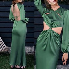 Green Silky Woman’s Backless Maxi Dress With Cut Outs *New* Arrives New Zipper Back Closure Bell Long Dress Twist Front Dress Sexy Cut Out Dress Vacation Dress Ffor Women One Piece Dress Spring Satin Backless Dress For Brunch, Elegant Green Dress With Cutout Details, Elegant Green Cutout Dress, Fitted Backless Dress For Spring Dinner, Spring Dinner Backless Satin Dress, Long Sleeve Backless Dress For Spring Cocktail, Long Sleeve Backless Dress For Spring Brunch, Long Sleeve Backless Cocktail Dress For Spring, Spring Cocktail Backless Long Sleeve Dress