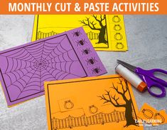 halloween cut and paste activities for kids to do on the table with markers, scissors and glue