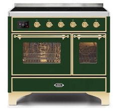 a green oven with copper trim and two burners on the front, is shown