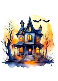 a watercolor painting of a house with bats flying around