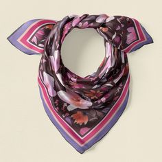 Purple silk scarf by Darya Karenski Elegant Brown Scarf For Spring, Elegant Brown Silk Scarf For Spring, Pink Silk Scarf With Floral Print, Pink Floral Print Silk Scarves, Bohemian Pink Floral Print Silk Scarf, Chic Brown Scarves For Spring, Purple Silk Scarf With Floral Print For Spring, Purple Silk Scarves For Spring, Purple Floral Print Silk Scarf For Spring